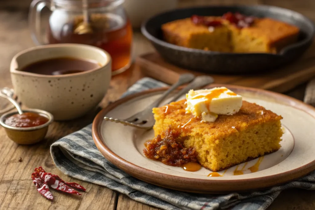A warm slice of sweet potato cornbread with melted butter and a drizzle of honey, served on a rustic plate.