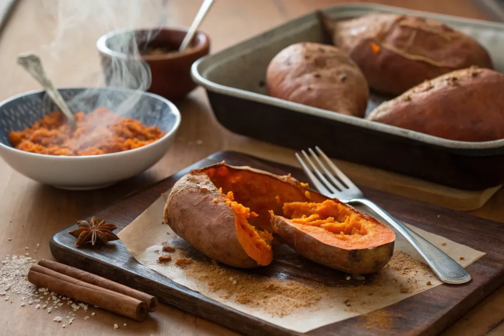 Roasted sweet potatoes on a baking sheet, with one cut open and another being mashed in a bowl.