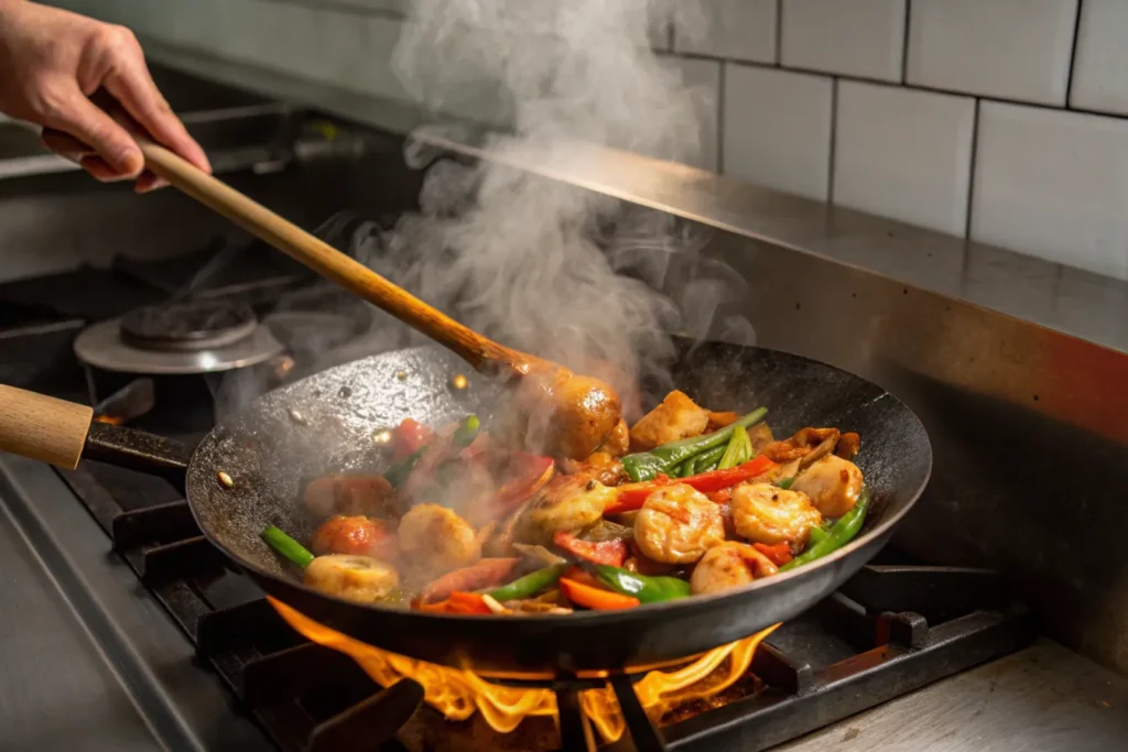 A sizzling wok filled with fishcakes, scallops, and vegetables being tossed in a savory stir-fry sauce.