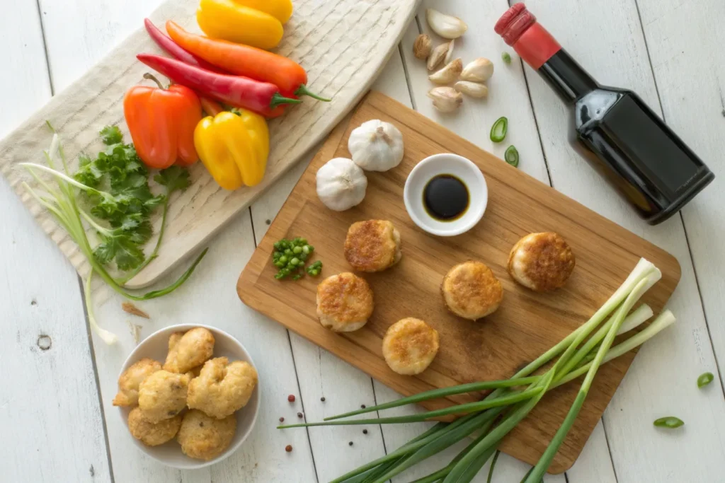 Fresh scallops, fishcakes, and colorful vegetables arranged on a cutting board, ready for stir-frying.