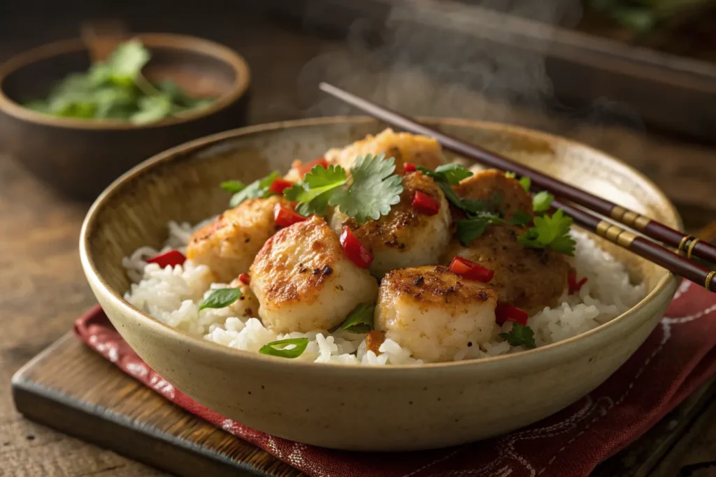 A steaming plate of fishcakes and scallops stir fry served with jasmine rice and garnished with fresh cilantro.